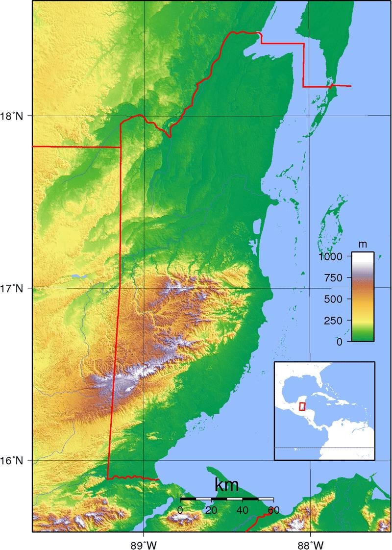 Mapa fyzickej Belize
